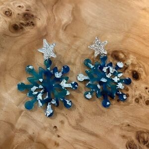 2 for $20 Sale!! Blue and Silver Acrylic Snowflake Statement Earrings